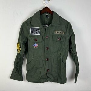 Boys Green U.S. Army Military Style Jacket Patches Button Front Flight Coat